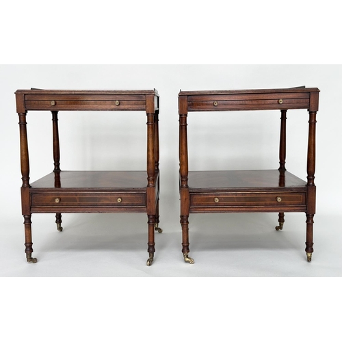 121 - LAMP TABLES, a pair, George III design flame mahogany and crossbanded each with brushing slide and u... 