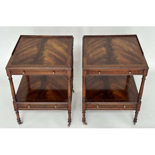 121 - LAMP TABLES, a pair, George III design flame mahogany and crossbanded each with brushing slide and u... 