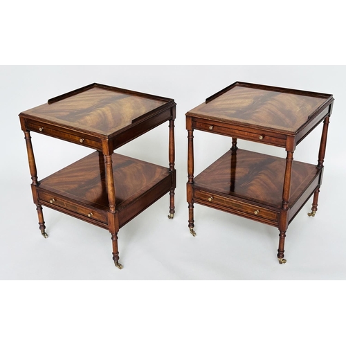 121 - LAMP TABLES, a pair, George III design flame mahogany and crossbanded each with brushing slide and u... 