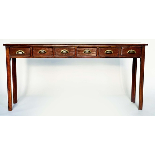 123 - HALL TABLE, Victorian style lacquered, shallow rectangular with six drawers and chamfered square sup... 