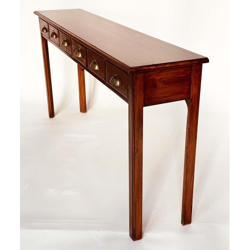 123 - HALL TABLE, Victorian style lacquered, shallow rectangular with six drawers and chamfered square sup... 