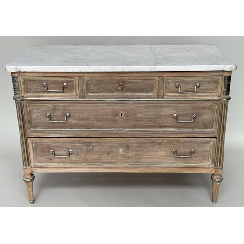 COMMODE, 19th century French Directoire style walnut and silvered metal, mounted with Carrara marble top above three long drawers and toupie supports, 124cm W x 58cm D x 87cm H.