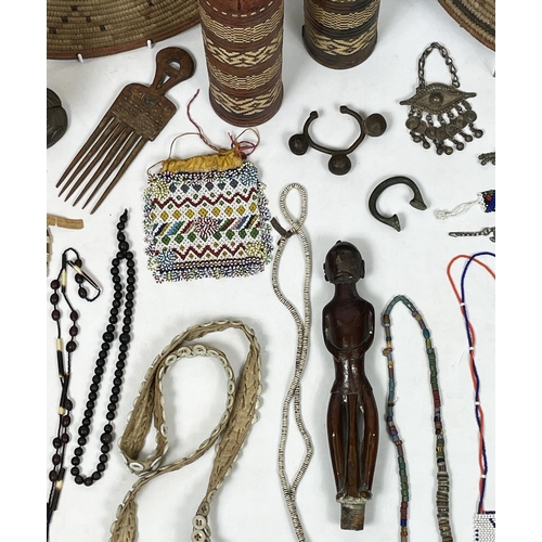 2 - AFRICAN TRIBAL ITEMS, various including a West African bronze Manilla (money) and ankle bracelet two... 