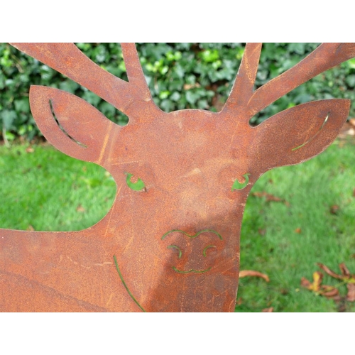 538 - GARDEN STAG FIGURES, a pair, oxidised metal, 135cm x 30cm. (2)