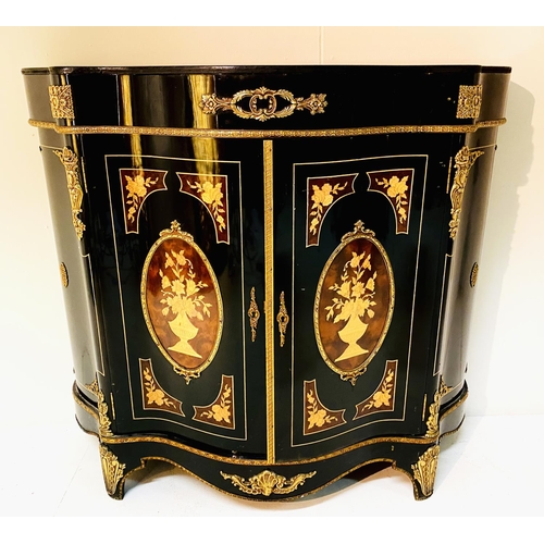 540 - CREDENZA, in the Victorian Aesthetic style, black lacquered, gilt metal mounts and marquetry panels,... 