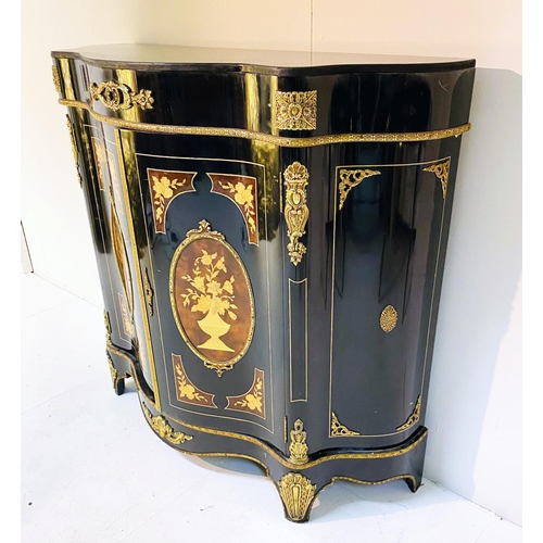 540 - CREDENZA, in the Victorian Aesthetic style, black lacquered, gilt metal mounts and marquetry panels,... 