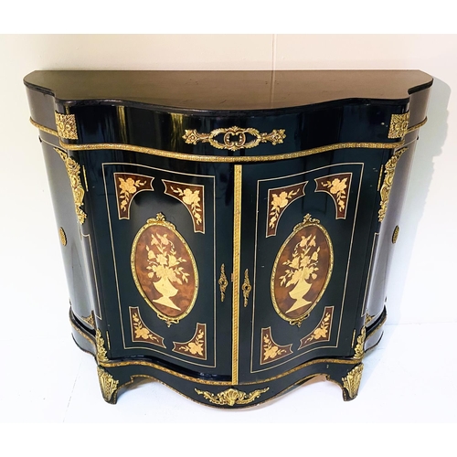 540 - CREDENZA, in the Victorian Aesthetic style, black lacquered, gilt metal mounts and marquetry panels,... 