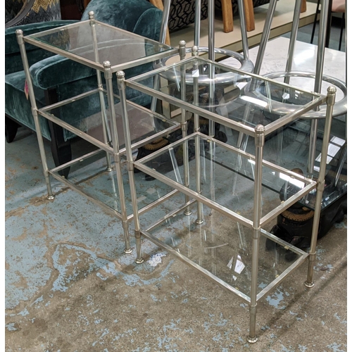 547 - SIDE TABLES, a pair, 60.5cm x 37.5cm x 80cm, each three tier, glass and polished metal. (2)