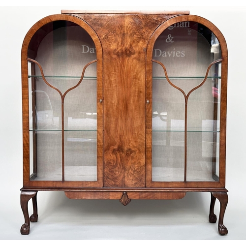 115 - ART DECO DISPLAY CASE, burr walnut with two glazed arched panelled doors, enclosing shelves, 117cm W... 