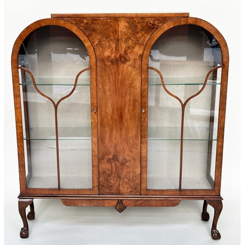 115 - ART DECO DISPLAY CASE, burr walnut with two glazed arched panelled doors, enclosing shelves, 117cm W... 