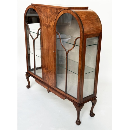 115 - ART DECO DISPLAY CASE, burr walnut with two glazed arched panelled doors, enclosing shelves, 117cm W... 