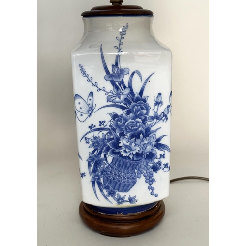 122 - TABLE LAMPS, a pair, Chinese blue and white ceramic on carved stands (with shades), 70cm H. (2)