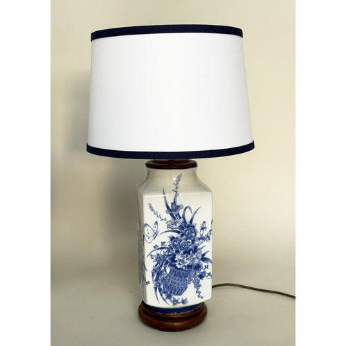 122 - TABLE LAMPS, a pair, Chinese blue and white ceramic on carved stands (with shades), 70cm H. (2)