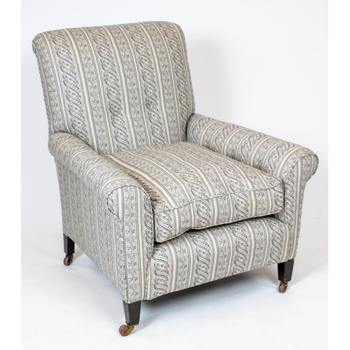 ARMCHAIR, 90cm H x 82cm, Edwardian mahogany in grey striped upholstery on ceramic castors.