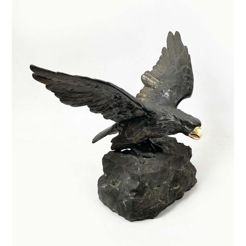 1 - BRONZE EAGLE, Japanese Meiji style, realistically cast perched on rock about to take flight, 40cm W ... 