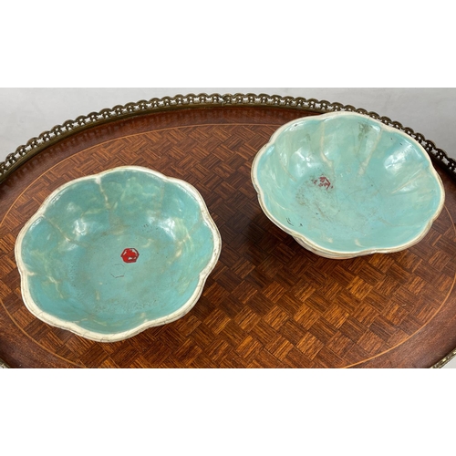 15 - CHINESE FAMILLE ROSE BOWLS, a pair, 19th century along with a blue and white scrolling foliate paint... 