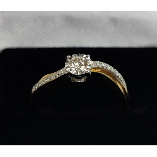 22 - A 9CT GOLD DIAMOND SOLITAIRE RING, set with a central stone of approx. 0.20 carat, illusion set, wit... 