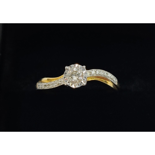 22 - A 9CT GOLD DIAMOND SOLITAIRE RING, set with a central stone of approx. 0.20 carat, illusion set, wit... 