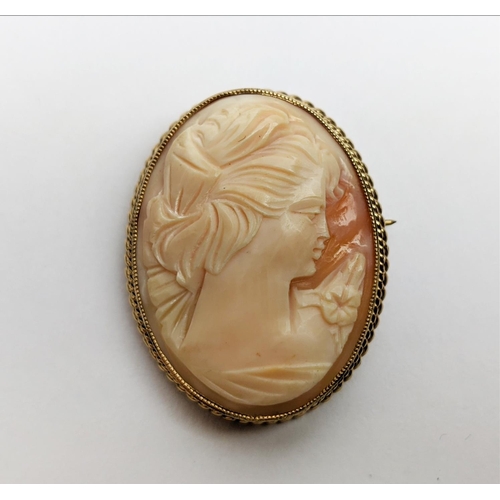 23 - A 9CT GOLD CAMEO BROOCH, Birmingham 1973, gadrooned edge, depicting the profile of a lady.