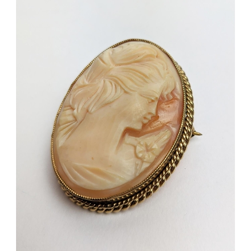 23 - A 9CT GOLD CAMEO BROOCH, Birmingham 1973, gadrooned edge, depicting the profile of a lady.