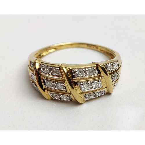 25 - A 9CT GOLD AND DIAMOND SET DRESS RING, set with three rows of diamonds in sectional form, the diamon... 