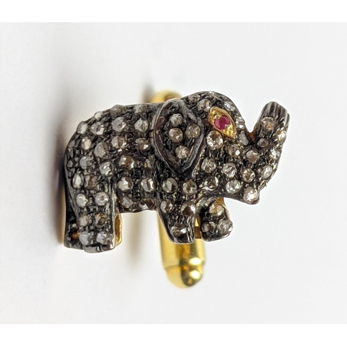 29 - PAIR OF ELEPHANT SHAPED CUFFLINKS, set with rose-cut diamonds and ruby set eyes, gold plated Diamond... 