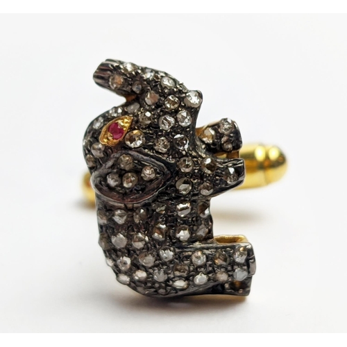 29 - PAIR OF ELEPHANT SHAPED CUFFLINKS, set with rose-cut diamonds and ruby set eyes, gold plated Diamond... 