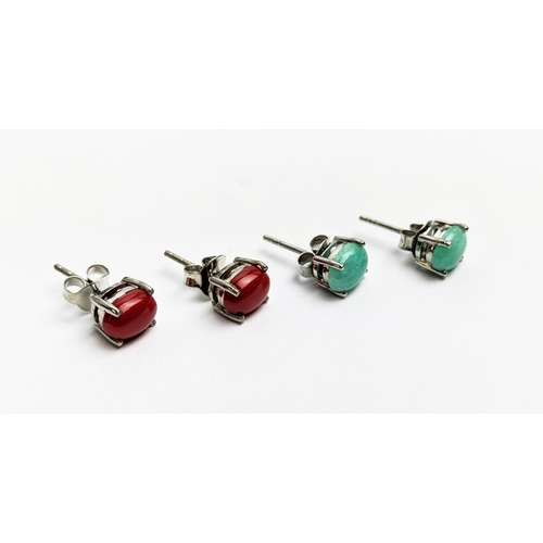 32 - TWO PAIRS OF SILVER STUDS, one set with cabochon amazonite; the other set with cabochon red coral, e... 