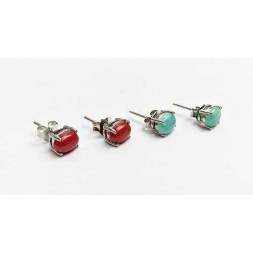 32 - TWO PAIRS OF SILVER STUDS, one set with cabochon amazonite; the other set with cabochon red coral, e... 