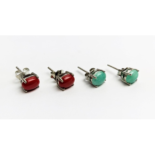 32 - TWO PAIRS OF SILVER STUDS, one set with cabochon amazonite; the other set with cabochon red coral, e... 