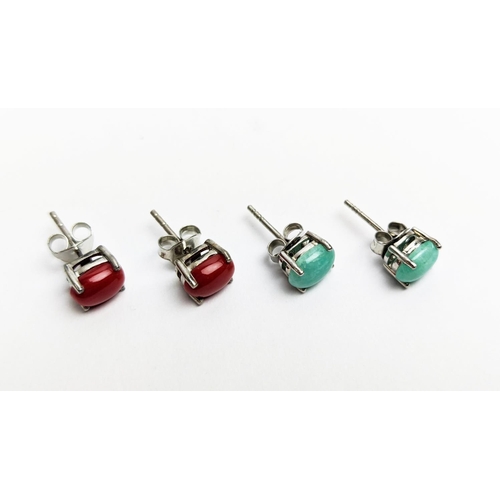 32 - TWO PAIRS OF SILVER STUDS, one set with cabochon amazonite; the other set with cabochon red coral, e... 