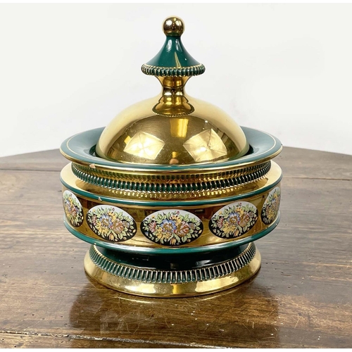 43 - FLORENTINE LIDDED COMPORT DISH, dark green and gilt with foliate bouquet frieze, a frosted gold deco... 