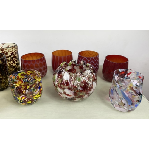 8 - COLLECTION OF COLOURFUL ART GLASS: to include Murano items, large Millefiori glass jug, 6 mottled dr... 