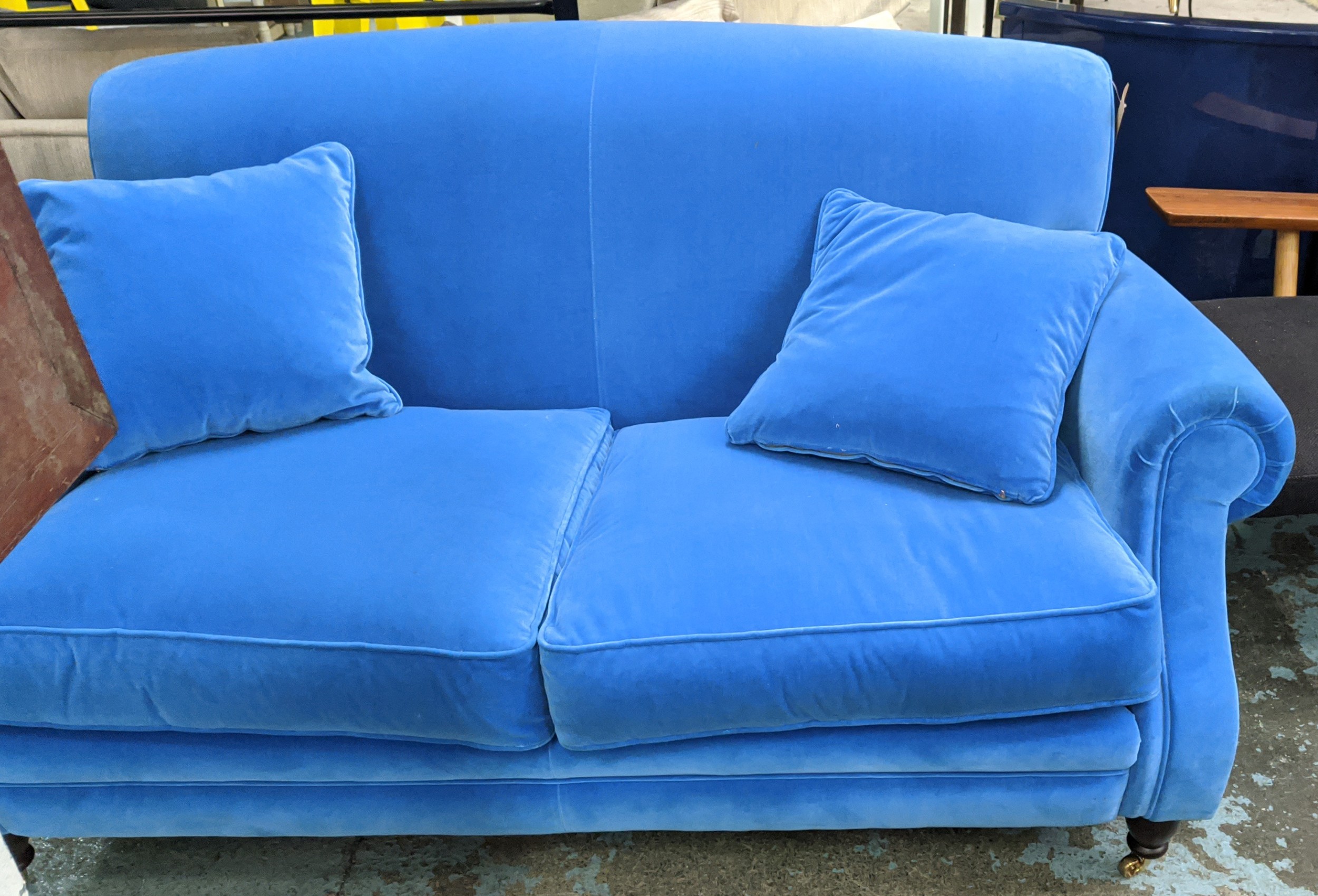 WESLEY BARRELL SOFA, with blue velvet upholstery, 169cm W x 108cm D x