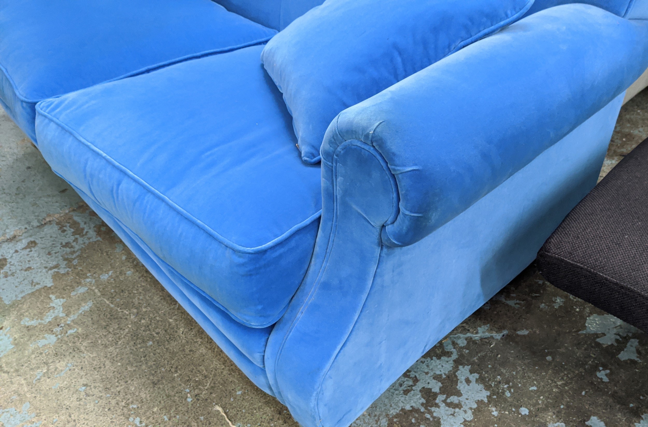 WESLEY BARRELL SOFA, with blue velvet upholstery, 169cm W x 108cm D x
