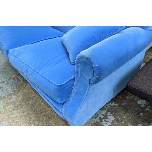 WESLEY BARRELL SOFA, with blue velvet upholstery, 169cm W x 108cm D x 191cm H.