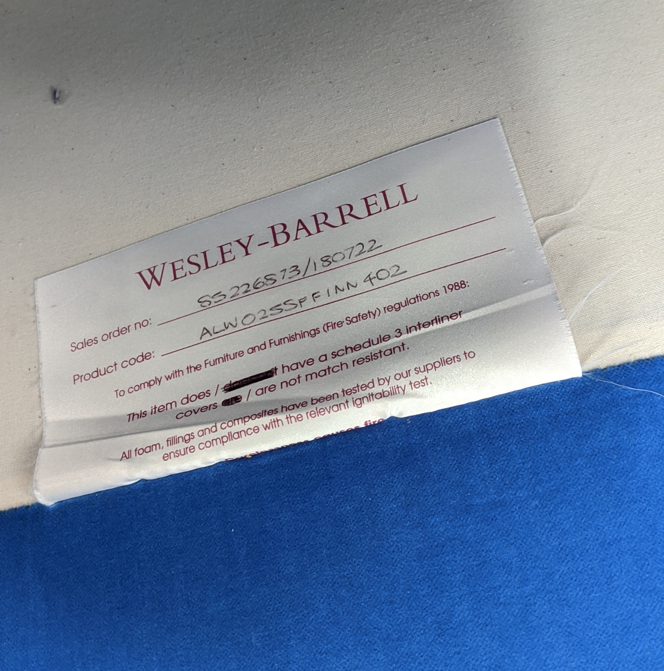 WESLEY BARRELL SOFA, with blue velvet upholstery, 169cm W x 108cm D x