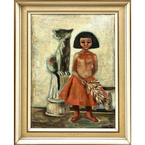 100 - FREDA GRESAK, 'Girl with cat', oil on board, 51cm x 34cm, signed and dated '55, framed.