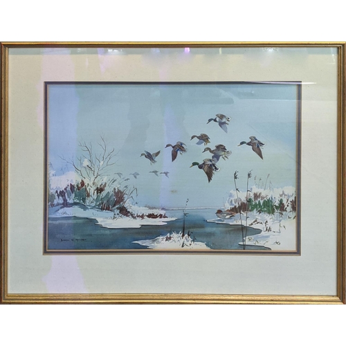 87 - ROBERT MILLIKEN (British 1920-2014), 'Ducks over a lake', watercolour, 36cm x 50cm, framed.