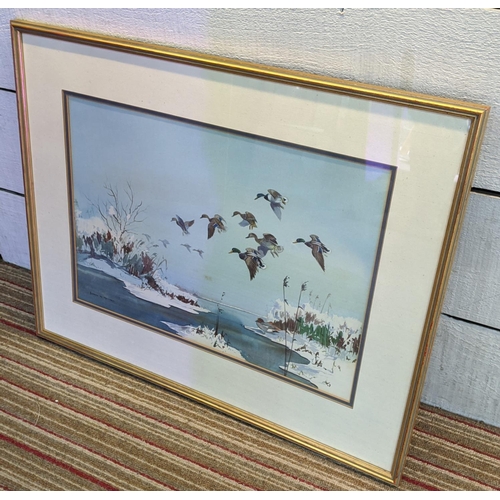 87 - ROBERT MILLIKEN (British 1920-2014), 'Ducks over a lake', watercolour, 36cm x 50cm, framed.