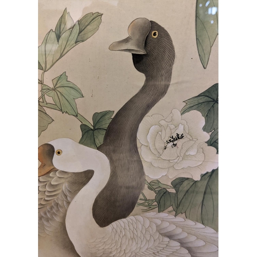 88 - CHINESE SCHOOL, watercolour and ink, depicting geese and flora, signed top left 106cm x 61cm.