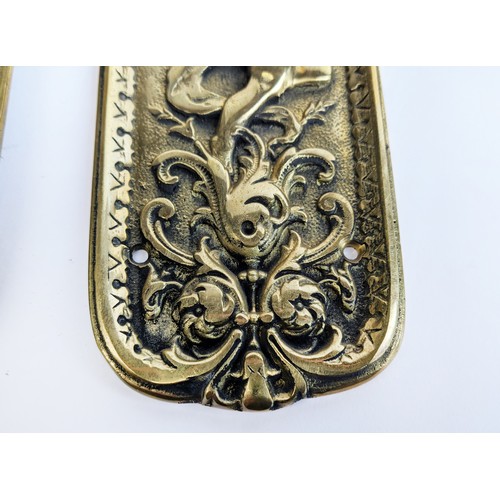 48 - SET OF FOUR BRASS DOOR FINGER PLATES, Art Nouveau style, cast, each depicting a cherub amongst scrol... 