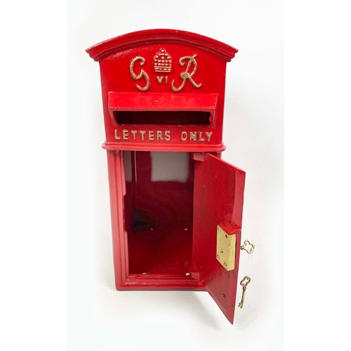 18A - POST BOX, George IV style, cast iron with Royal cipher in red painted finish with key, 58cm H x 39cm... 