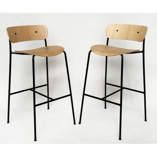 794 - BAR STOOLS, a pair, bent wood with metal supports, 95cm x 76cm H (seat).