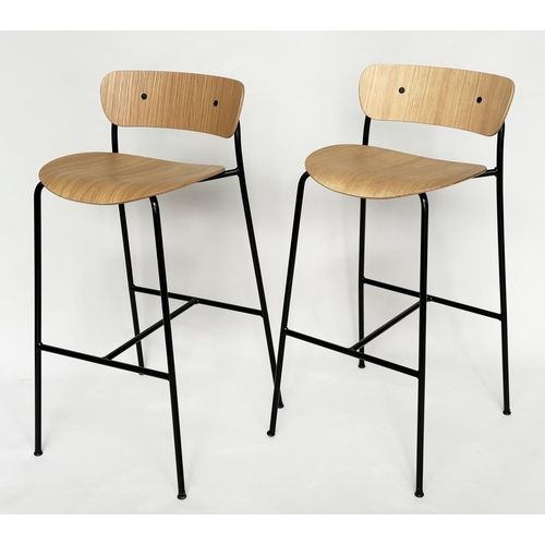 794 - BAR STOOLS, a pair, bent wood with metal supports, 95cm x 76cm H (seat).