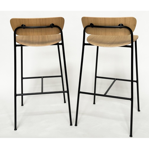 794 - BAR STOOLS, a pair, bent wood with metal supports, 95cm x 76cm H (seat).