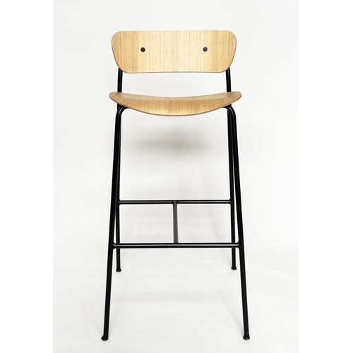 794 - BAR STOOLS, a pair, bent wood with metal supports, 95cm x 76cm H (seat).