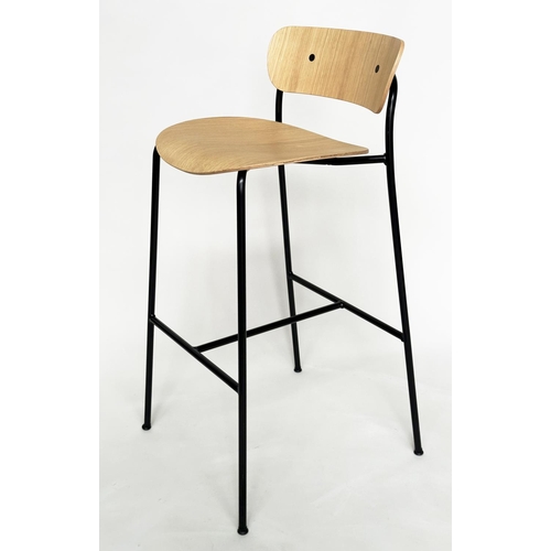 794 - BAR STOOLS, a pair, bent wood with metal supports, 95cm x 76cm H (seat).