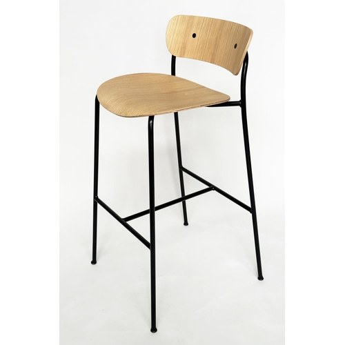 794 - BAR STOOLS, a pair, bent wood with metal supports, 95cm x 76cm H (seat).