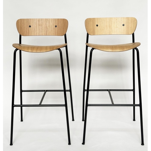 794 - BAR STOOLS, a pair, bent wood with metal supports, 95cm x 76cm H (seat).